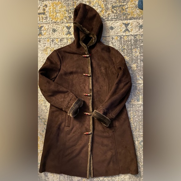 Tommy Hilfiger Hooded Trench Coat Chocolate Brown Faux Suede Shell Large - Picture 1 of 16
